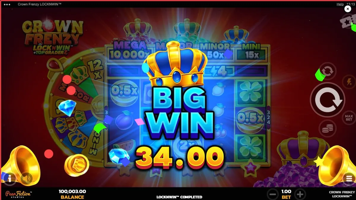 Tampilan visual mewah slot Crown Frenzy LockNWin dengan tema kerajaan dan permata.
